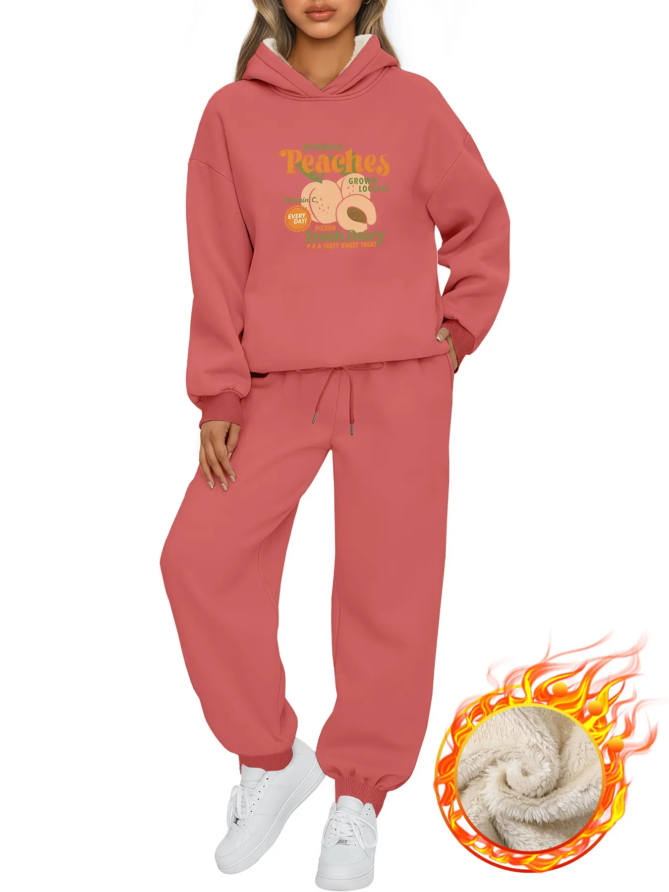 Women's Winter Warm Two-Piece Set, Peaches & Peach Fruit Print Hoodie Pants, Casual Fashion Lamb Fur Material, Fall & Winter Wear