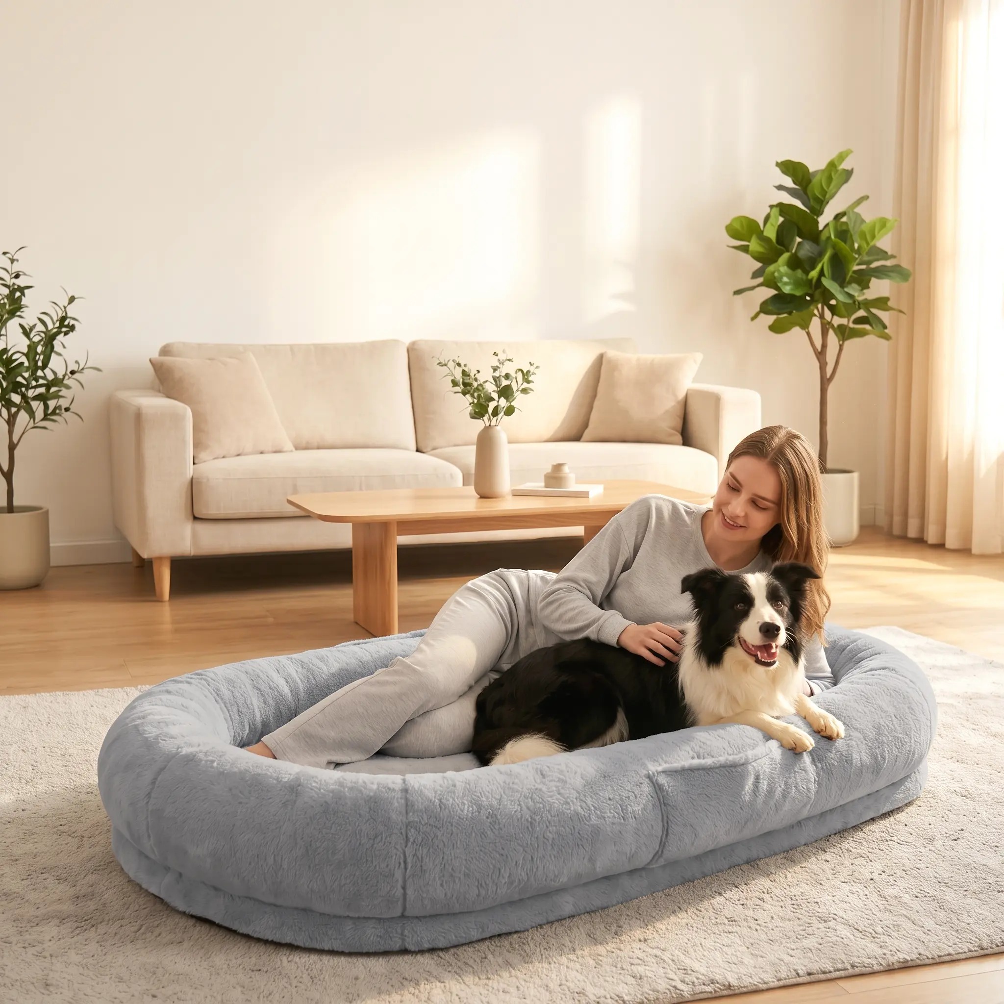 Human Dog Bed for Adults & Pets, Pet & Human Lounger with Pillow, Portable Handle, Waterproof Machine-Washable Cover for Family Bedroom