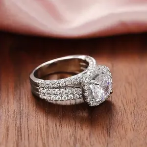 Fashion Jewelry Shiny Full Diamond Ring Round Cubic Zirconia Anniversary Promise Cocktail Ring CZ Diamond Multi Row Ring Eternity Engagement Wedding Band Ring