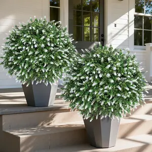 26 in Artificial Topiary Boxwood Ball Trees with Lavender, 2-Pack Fake UV-Resistant Shrubs with Ground Spike, Indoor-Outdoor Decor Ornaments for Front Porch Garden (White) – Room & Outdoor Home Decor Fake Plants,summervibes