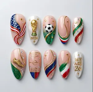 2026 Soccer Tournament Press On Nails, 3D Football Ball and Gold Cleat Fake Nails, Sports Fan Custom Nail Art, Black Red Green Gold Nails
