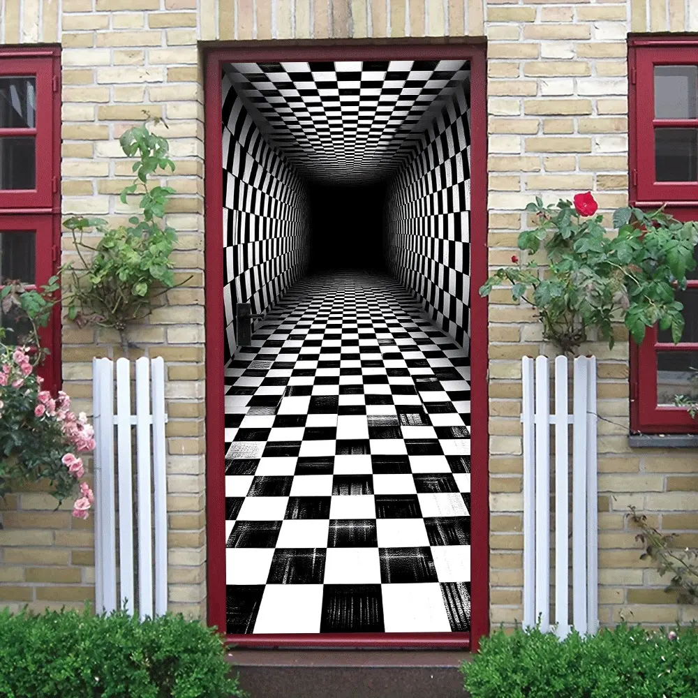 2pcs Visual Tunnel Wall Sticker with Classic Black and White Checkerboard Design Creating a Deep Spatial Illusion Easy to Decorate Living Room Bedroom Study Game Room Self Adhesive Material Easy Insta