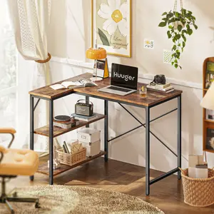 Huuger L-Shaped Corner Desk - Office Furniture with Reversible Shelves, Sturdy Particle Board, Metal Frame, Adjustable Inches for Home Office, Gaming, Writing Use, Adjustable Feet
