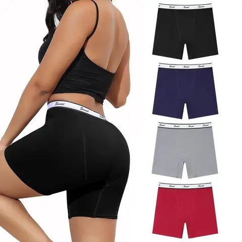 Women's LEVAO 4-Pack Seamless Cotton Boxer Brief Panties - No Show, Breathable, Stretch, Elastic, Spandex, Basic Fit Sports Underwear (S-XL)