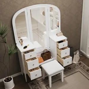 OPUL Antique Makeup Vanity Desk with Triple Mirror, 6-Storage Drawer Dressing Table Set Including Cushioned Stool, Vintage Makeup Vanity Set for Women Girls, Full Length Mirror for Bedroom Dressing Room, White