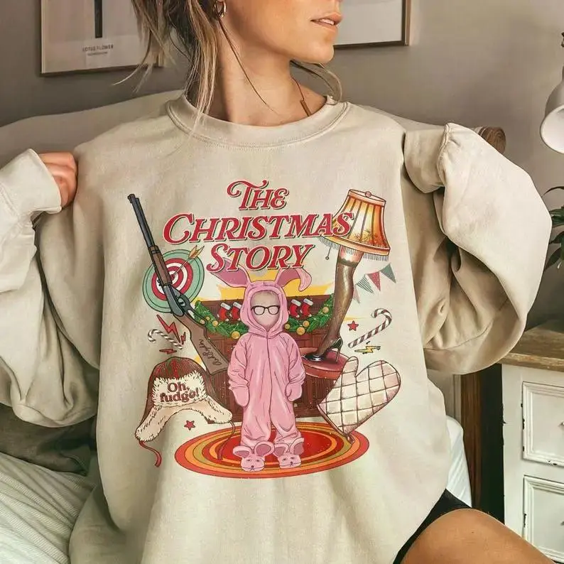 Funny Christmas Movie Sweatshirt, Leg Lamp Holiday Graphic Crewneck, Oh Fudge Christmas Story Inspired Pullover, Festive Winter Unisex Top