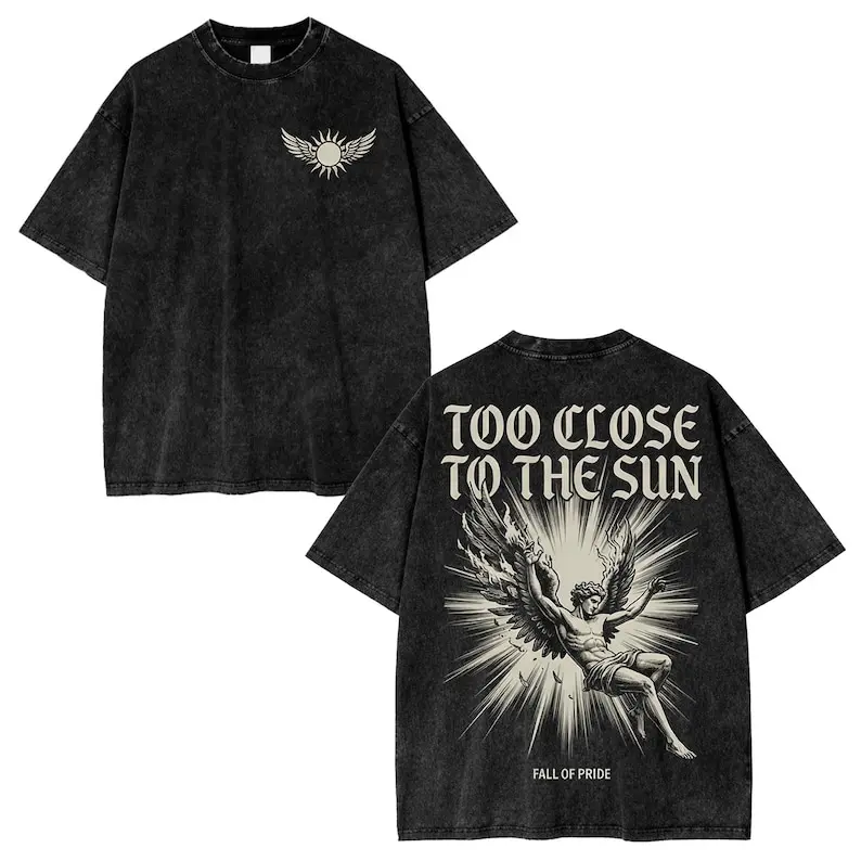 Men's Graphic T-Shirt with Icarus Fallen Angel Print, 100% Cotton Gothic Streetwear Tee, Casual Breathable Dark Aesthetic Top, Printed, All Seasons, Shortsleeve, Soft, Round, Athletic, Cold Wash, Menswear, Tshirt, Shopping