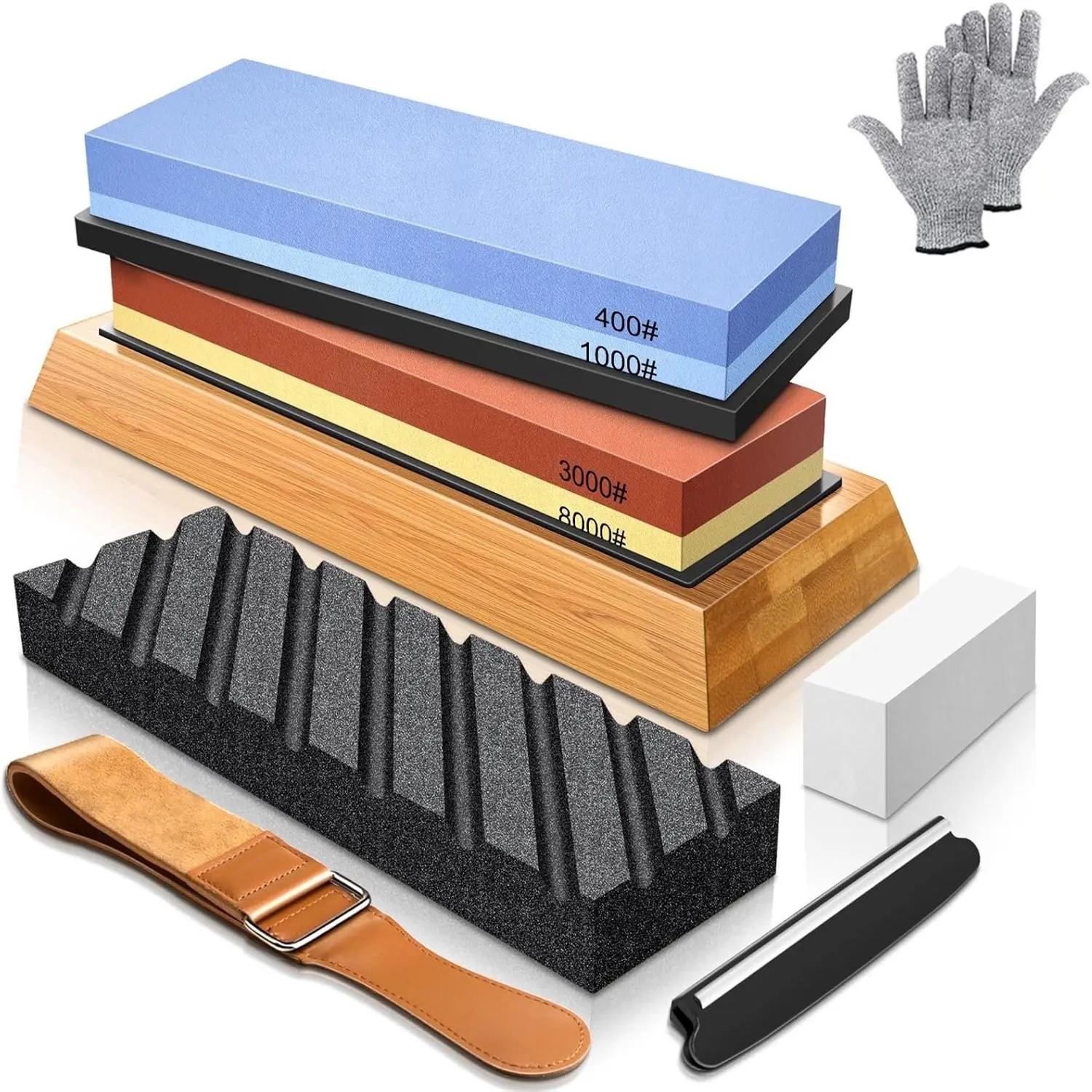 4-Side Knife Sharpening Stone Set (400/1000/8000 Grit) with Non-Slip Base, Cut-Resistant Gloves, Angle Guide, Leather Strop – Full Safety Protection Kitchenware for Home & Professional Use
