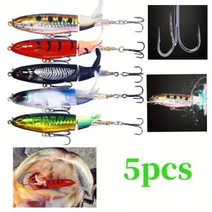 5 Packs Topwater Fishing Lures, Whopper Popper for Bass, Catfish, Pike, Perch - Floating Pencil Bait With Rotating Tail for Freshwater or Saltwater stuff