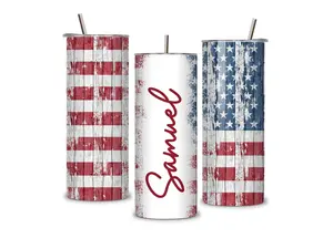 Personalized Skinny Tumbler 20 oz with Name, American Flag Stainless Steel Cup with Straw, Custom Insulated Travel Mug, Patriotic Gift Idea