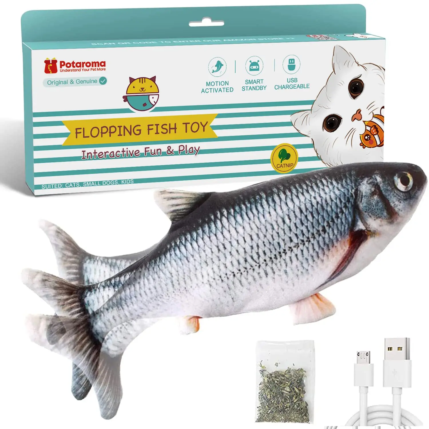 Potaroma Cat Toys Flopping Fish with SilverVine and Catnip, Moving Cat Kicker, Floppy Wiggle Fish Toy for Small Dogs, Interactive Motion Kitten Exercise Toys 10.5" #SummerVibes #petlovers