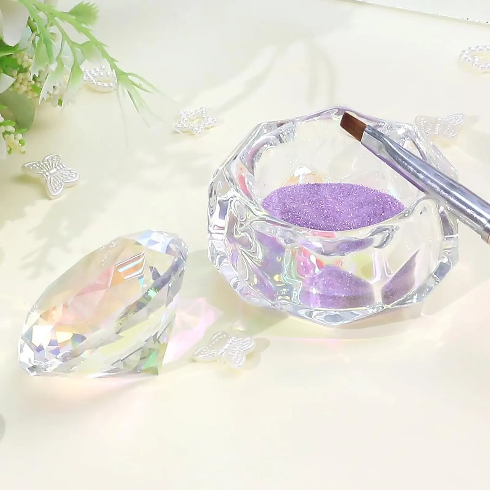 Aurora Crystal Glass Nail Dappen Dish with Diamond Lid, Iridescent Finish Nail Art Liquid Cup for Acrylic Monomer, Glitter Powder & Brush Cleaner, Professional Manicure Tool, Nail Tech Supplies for Salon & Home Use