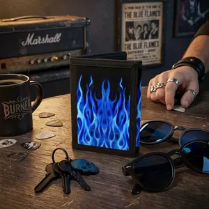Kids Boys Girls RFID Trifold Canvas Wallet - Blue Flame Fire Print Slim Novelty Credit Card Holder Black Waterproof Durable Outdoor Travel Money Organizer Secure Blocking Lightweight Compact Design