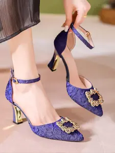 Women's Fashionable Square Rhinestone Decor High Heel Sandals, Elegant Buckle Design Pointed Toe Heeled Shoes for Party, Daily Clothing Decor for Women & Girls Footwear