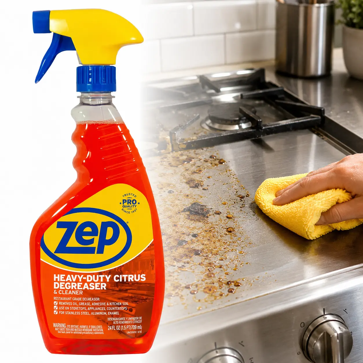 ZEP 24 oz Heavy-Duty Citrus Degreaser,orange scent,heavy grease,engine oil,shop grime,sticky residue,tar spots,garage floors,tools,engines,grills,workbenches,concrete,metal parts,fiberglass,DIY cleanup,1:1 dilute,8 oz per gallon,medium soils,light soils