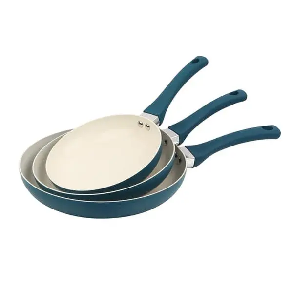 Mainstays Aluminum Nonstick Ceramic 3 Piece Frypan Set, 8 in 9.5 in 11 in Frying Pans with Riveted Handles, PPG Ceramic Coated Skillet Set for Eggs Omelets Steak, Dishwasher Safe, Blue
