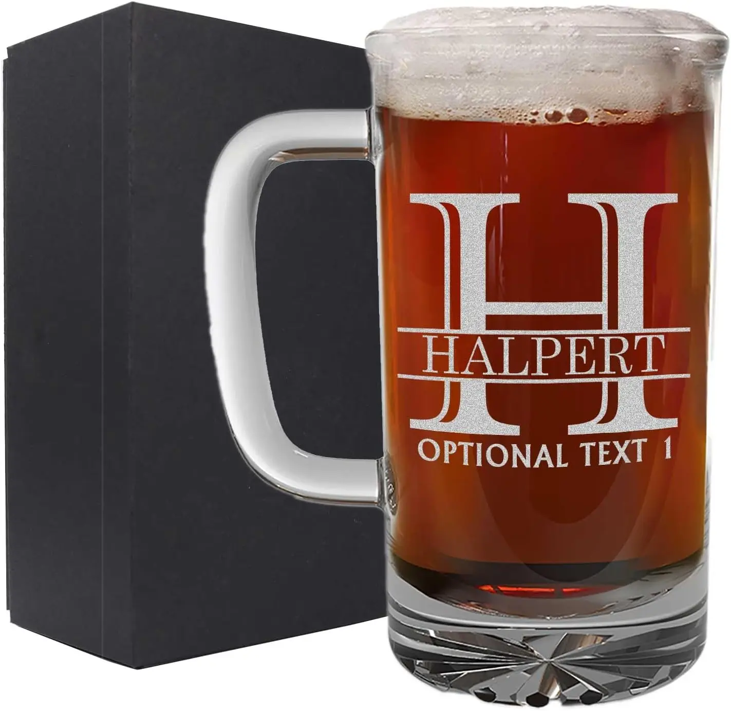 Personalized Engraved 16oz Glass Beer Mug – Custom Beer Gifts, Customized Father's Day Gifts, Birthday Present Him Dad Brother, Custom Engraved, Gifts For Men Etched, Halpert Monogram