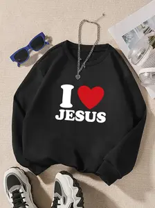 Girls' Big Kids' Cotton Crew Neck Sweatshirt - Red, Faith Print (JESUS & Heart), Love Motif, Fade-Resistant, Medium Stretch