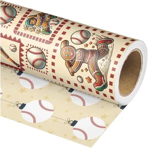 Reversible Baseball Christmas Wrapping Paper Roll for  Men - Funny Gingerbread Man, Brown  Wrap for Holiday Party Celebration, DIY Craft - 17 In X 20 Ft(Total 28.5sq.ft)