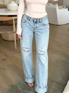 Women's Ripped Mid Waisted Boyfriend Jeans Loose Fit Distressed Stretchy Denim Pants