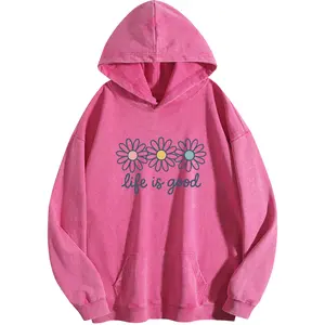 Holafish Acid Wash Hoodies Women's Print Oversized Hoodie Heavyweight Vintage Sweatshirt  Streetwear Loose Fit Winter Warm Streetwear Casual Tunic