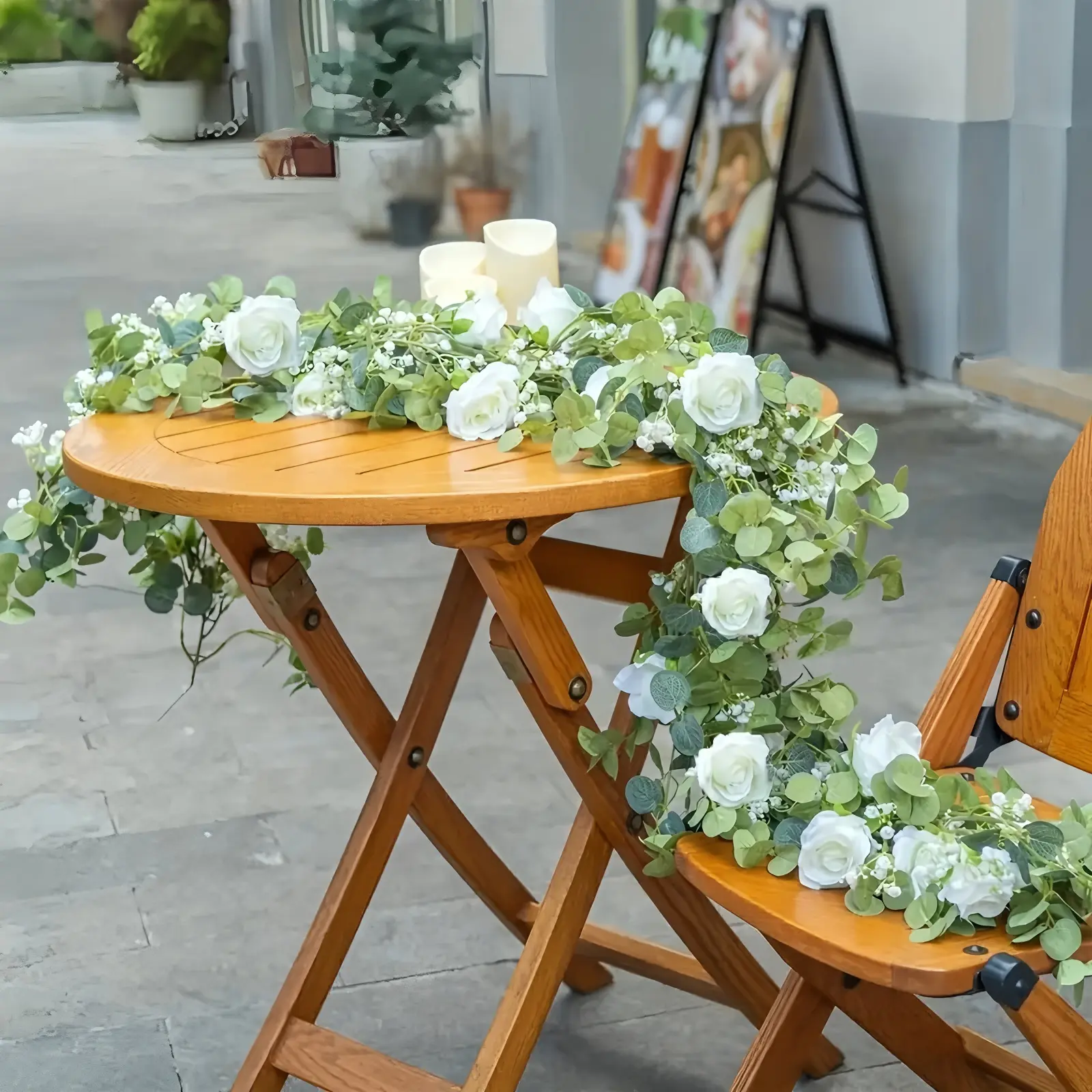 1pcs or 2pcs 5.91FT Artificial Eucalyptus Garland with Flowers, Fake Rose Gypsophila Garland, Faux Floral Greenery Garlands for Wedding Ceremony Spring Home Party Table Runner Decor（White/Champagne)