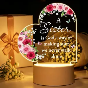 Sister Gifts Night Light, A Sister is God's Way Acrylic Engraved Lamp, Floral Rose LED Nightlight for Bedroom, Birthday/Christmas Gift for Sister from Sister, Heart-Shaped Decorative Light