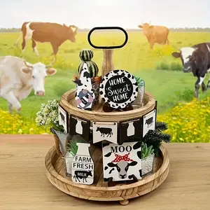 Cow Themed Tiered Tray Decor, 14pcs/set Wooden Farmhouse Style Desktop Ornament, Home Decor for Living Room Bedroom Farmhouse
