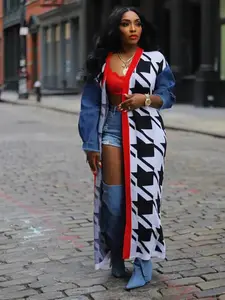 Women's Geometric Houndstooth Patchwork Print Drop Shoulder Longline Cardigan, Casual Long Sleeve Open Front Knitwear Fit for Fall & Winter, Fashion Ladies' Knit Clothing for Daily Wear, Sweaters for Women