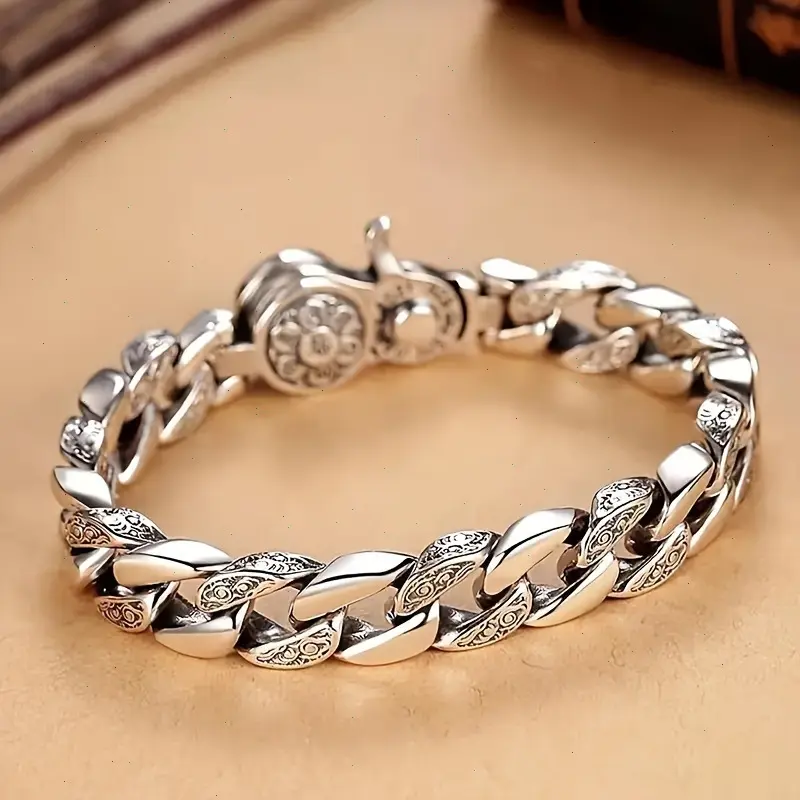 S925 Silver Men's Rotating Word Hand Chain Bracelet - Retro Hip-Hop Look, Domineering Personality, Bracelet Design, Everyday Wear Fashion Jewelry, Unisex Fit, 925 Bracelets & Bangles