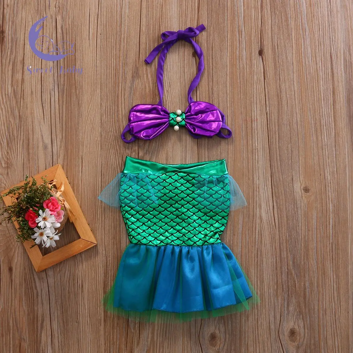 Baby Girls Two-piece Mermaid Swimsuit Hanging Neck Shell Pearl Halter Bikini Tops + Tulle Patchwork Mermaid Tail 2Pcs Swimwear