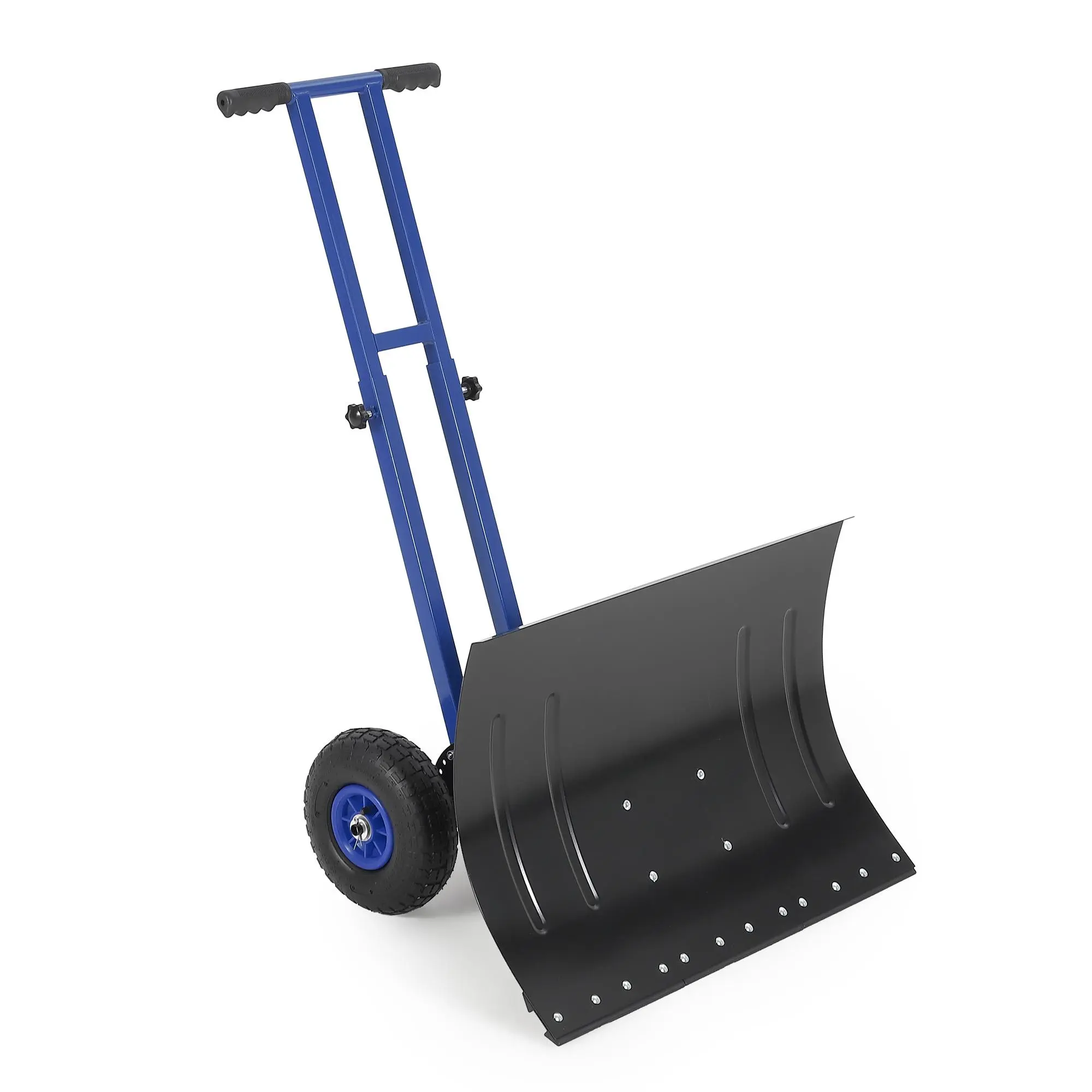 Heavy Duty Rolling Snow Shovel with Wheels for Driveway - Adjustable Angle & Height Metal Blade - Ergonomic Snow Pusher for Sidewalk, Yard, Pavement - Easy Snow Removal Tool