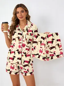 Playful Girl Cream Dachshund Pajama Set for Women, Button Down Short Sleeve, Spring Summer Casual Loungewear, Dachshund Print, Loose Fit Homewear, Casual Sleepwear Set