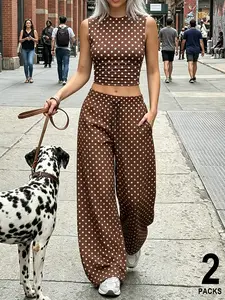 Women's 2 Pack Polka Dot Ruched Sleeveless Crop Top and High Waist Adjustable Drawstring Wide Leg Pants Set, Casual Round Neck Y2K Streetwear Matching Outfits, Loose Loungewear Vacation Going Out Tracksuit, Multi-Color Optional