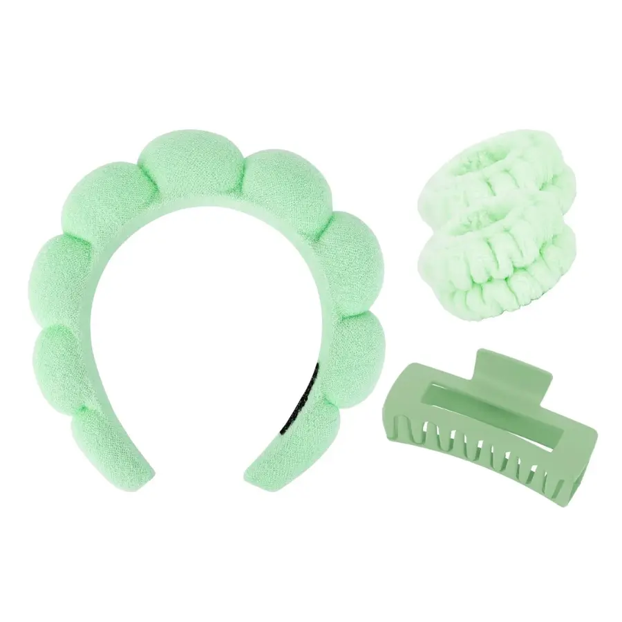 Spa Headband And Wristband Set Skincare Headband For Washing Face Hair Claw Clips For Thick Hair Cute Green Puffy Sponge Makeup Bubble Head Band Wrist Towels Scrunchies For Women Girls