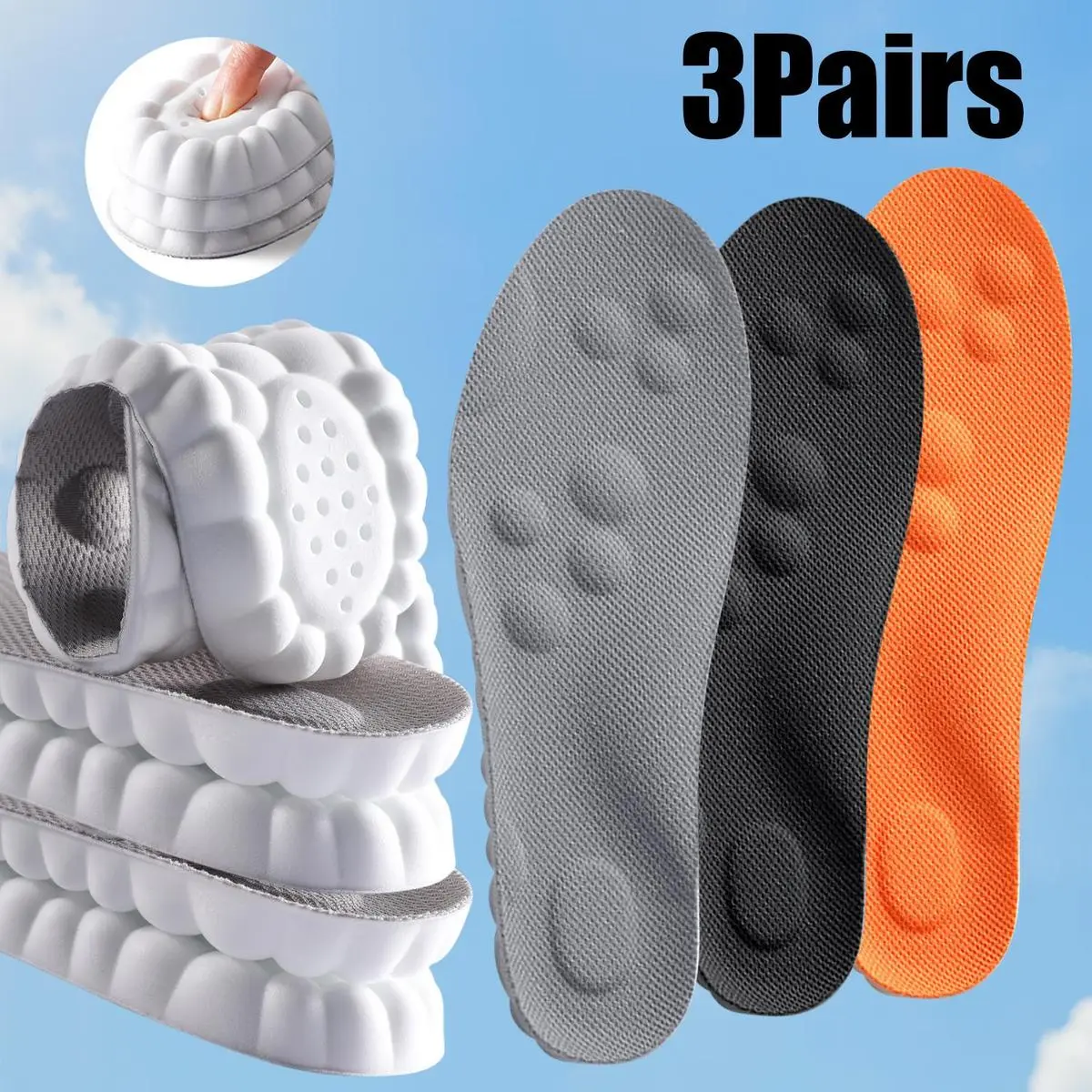 3 Pairs Memory Foam & EVA Foam Shoe Insoles with Shock Absorb., Anti-Fatigue Inserts for All-Day Comfort, All Seasons, Footwear, U-Shaped Memory Foam