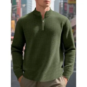 Men's Casual Loose-Fit Jacquard Pullover Sweatshirt, Stand Collar Half-Zipper Design, Perfect for Fall & Winter Seasons