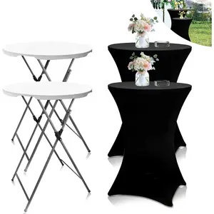 2 sets, 32-inch high-top folding cocktail tables with spandex stretch tall bar table covers, detachable legs bar-height folding table for indoor/outdoor use (black, 2 tables + 2 covers)