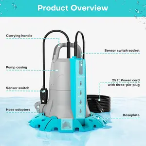 Ofuzzi Aflow 10 Pool Pump Automatic On Off, 1/3 HP 3109 GPH Submersible Water Pump with Filter, Elbow Adapter & Hall Sensor Switch, Water Removal for Swiming Pool, Hot Tub, Basement, and more