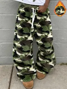 Unisex Leopard Print Fleece Pants, Soft Rabbit Fur Fabric, Fall Winter Warm Comfort, Street Hip Hop Style, Daily & Outdoor Wear