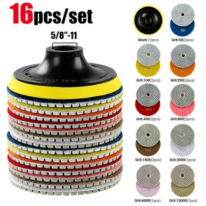 16PCS 4"(100MM) Professional Diamond Polishing Kit - 5/8"-11 Wet/Dry Grinding Pads for Granite, Marble, Concrete, Stone - Angle Grinder Discs & Backing Pads Set