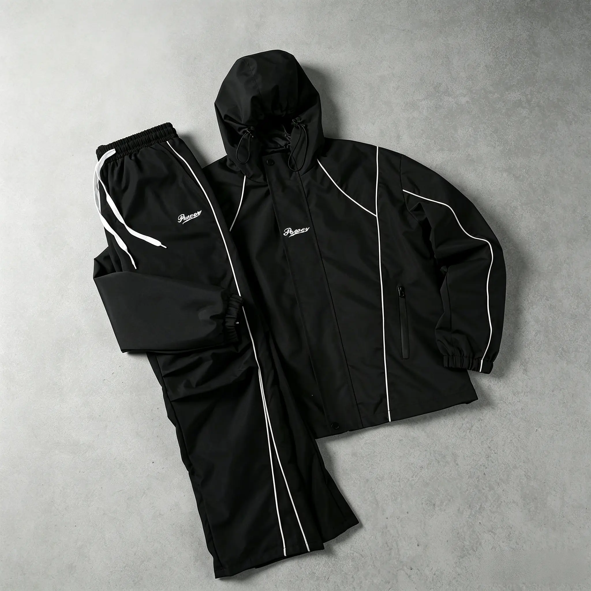 A black-and-white color-block two-piece casual set featuring a hooded top and hat, crafted from soft, relaxed-fit, skin-friendly woven fabric with a refined feel and a deep, understated black tone that conveys a simple, sophisticated look. Both the top an