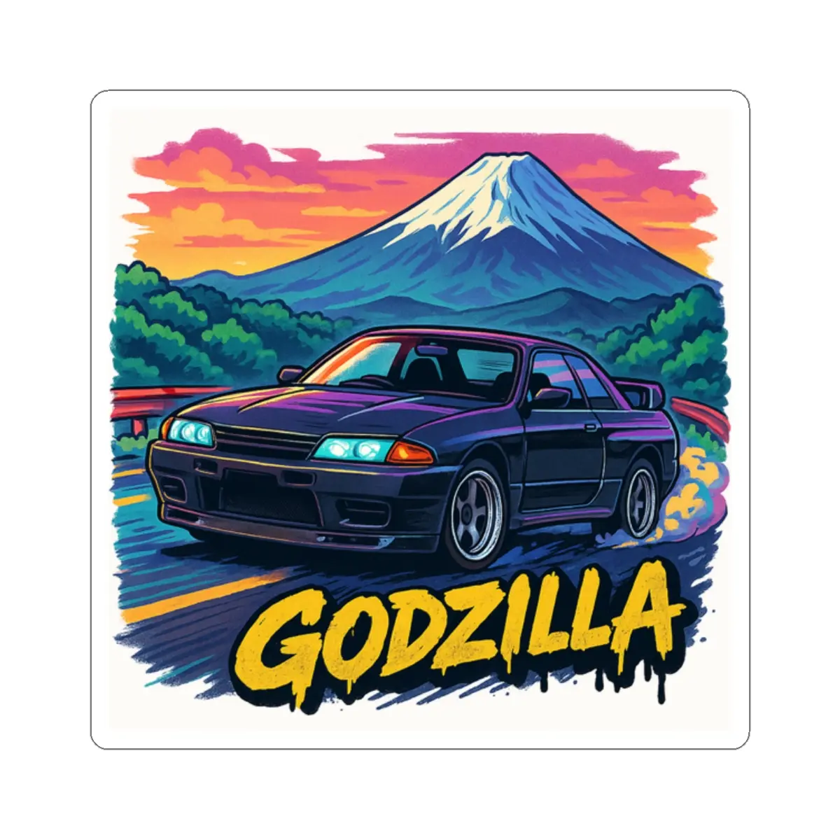 Retro Godzilla R32 GTR Skyline Mt Fuji Japan Car Kiss-Cut Stickers, Vinyl Decals, Laptop Stickers, Anime Fans, Cool Car Art
