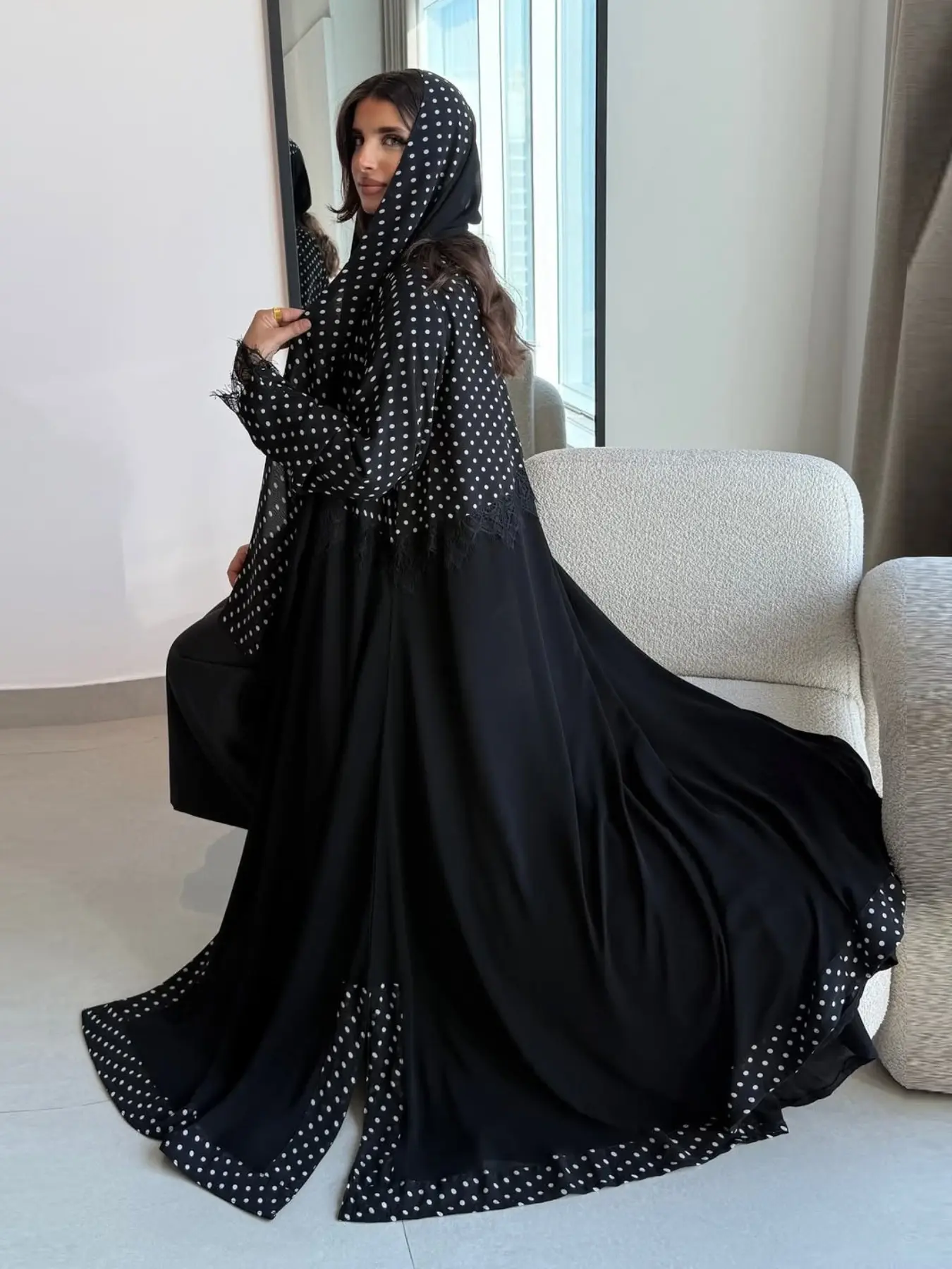 Hafizah Modest New Fashion Long Dress, Modest Style Dress, Lace Trimmed Patchwork Wave Headscarf Open Front Coat, Loose-Fit Outerwear for All Seasons, Muslim Women Gowns, Muslim Dresses, Islamic Clothing, Islamic Modesty Clothes