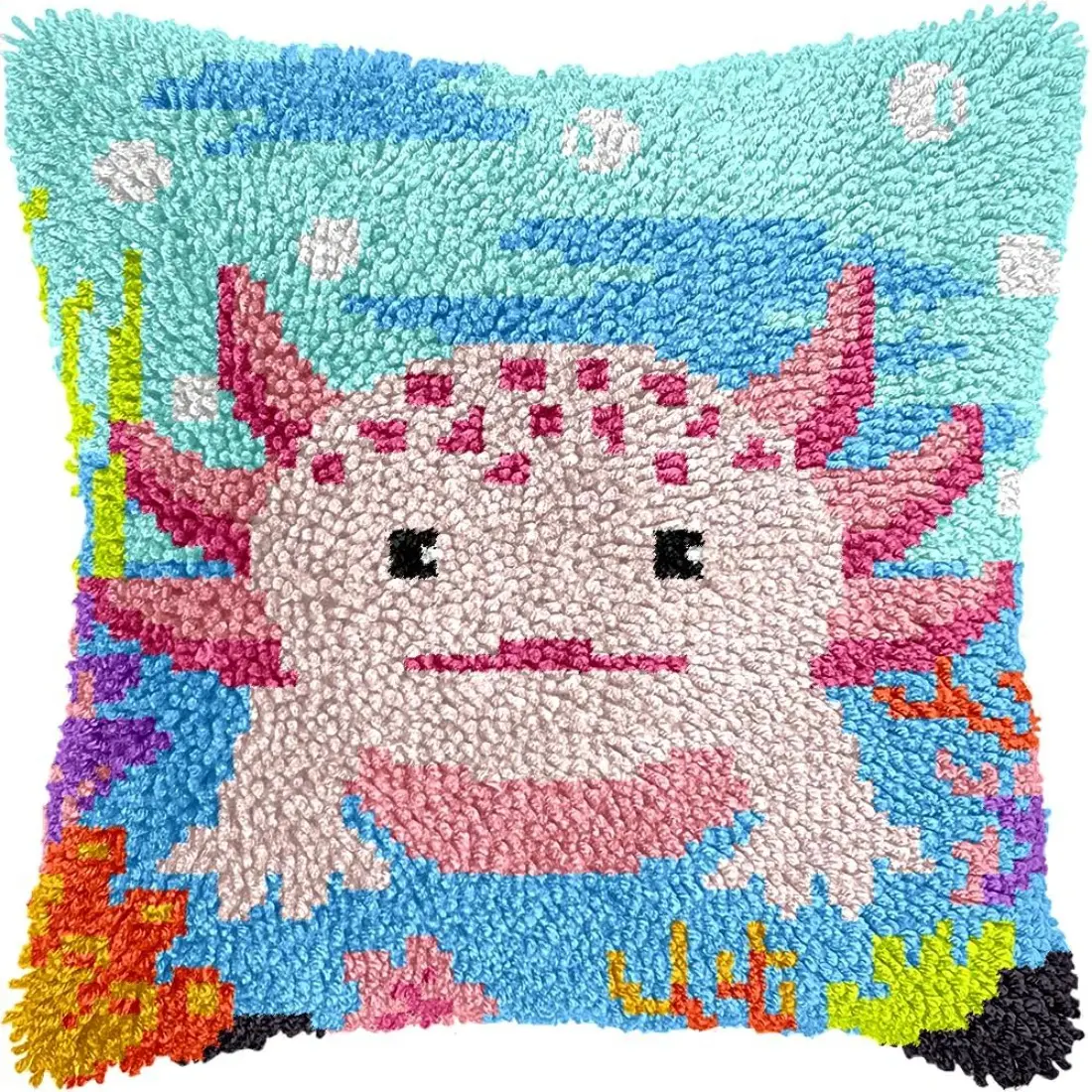 Colorful Axolotl Latch Hook Kits for Adults Beginners Cute Animals Latch Hook Pillow Kit Pre-Printed Latch Hook Rug Kits Cross-Stitch Embroidery Cushion for Home Sofa Decoration 17x17 in.