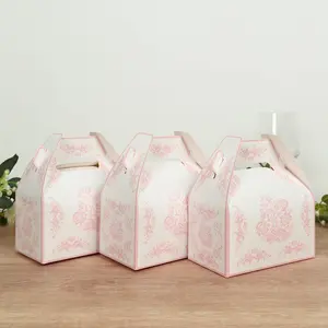 25 Pack White Pink Candy Gift Tote Gable Boxes in Damask Floral Pattern, Party Favor Treat Boxes - 6"x3.5"x7"
