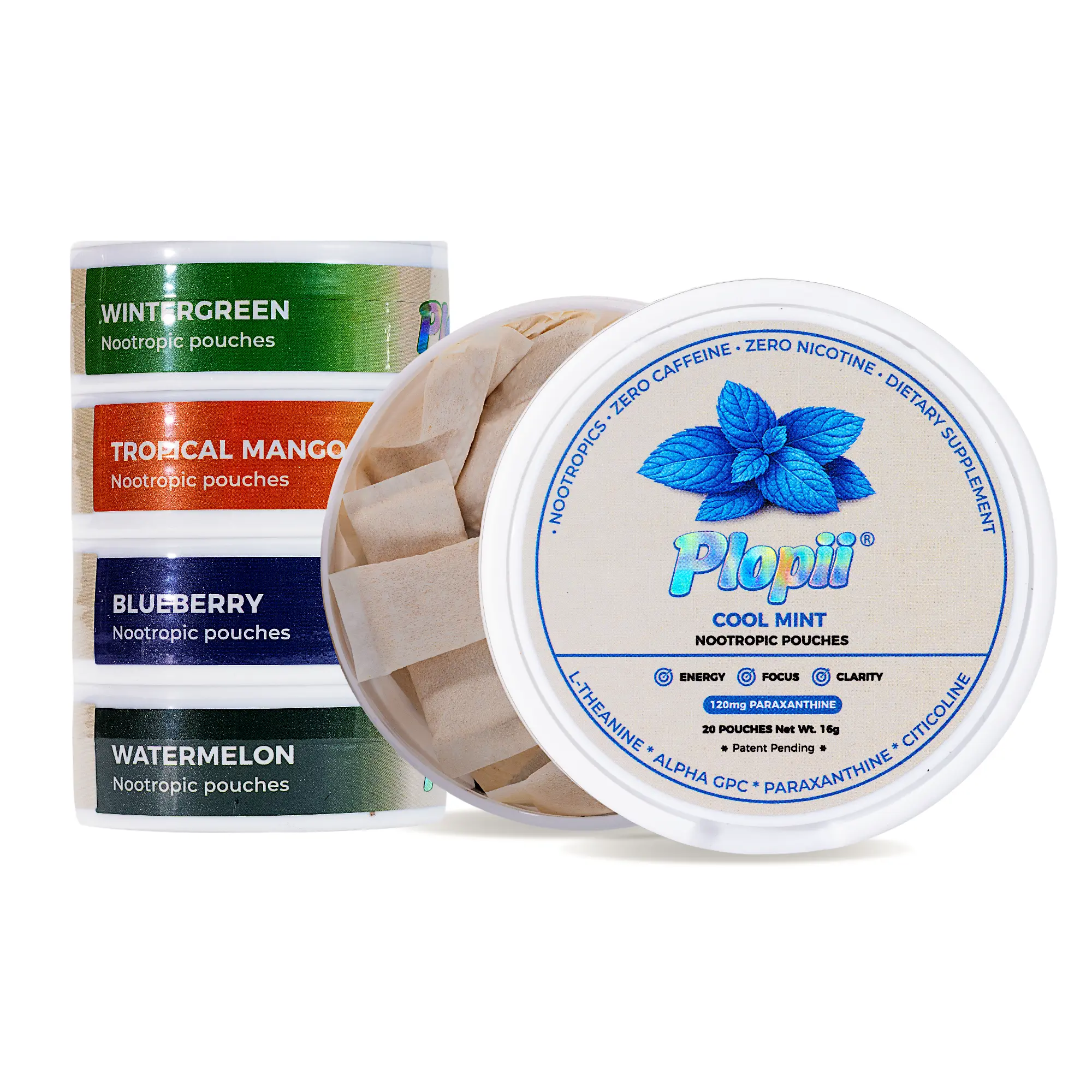 Plopii Focus Nootropic Pouches, 120mg Paraxanthine, Nicotine-Free, Caffeine-Free | Alpha GPC, Citicoline, L-Theanine, Ginseng | Vitamin B6 + B12 | Plant-Based Energy Pouches | Brian Vitamins (5-Pack)