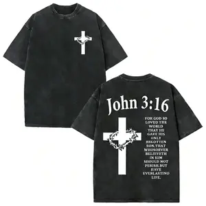 John 3:16 Christian T-Shirt Men Oversized Acid Wash Vintage Heavyweight Cotton Graphic Tee, Baggy Streetwear Faith Bible Verse Workout Gym Shirt summervibes