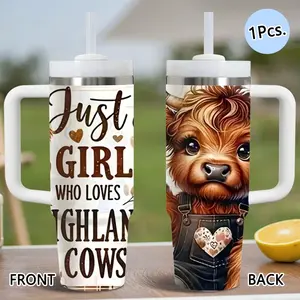 Highland Cow Vacuum Flasks 40oz Stainless Steel Tumbler, Insulated Water Bottle with Handle & Straw, Vacuum Insulated Travel Mug Keeps Drinks Cold Up to 34 Hours, Leak-Resistant Cup for Iced Coffee, Water, Travel