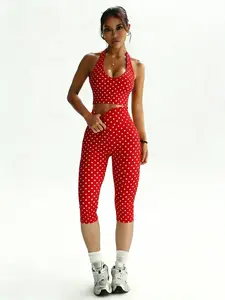 Women's Retro Polka Dot Sporty Set, High Waist Seven-Quarter Pants, Classic Halter Neck Design, Perfect for Yoga, Gym, Daily Wear, Sporty Style